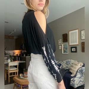 Black Blouse with Open Shoulder Detail and Tie-Dye Sleeves